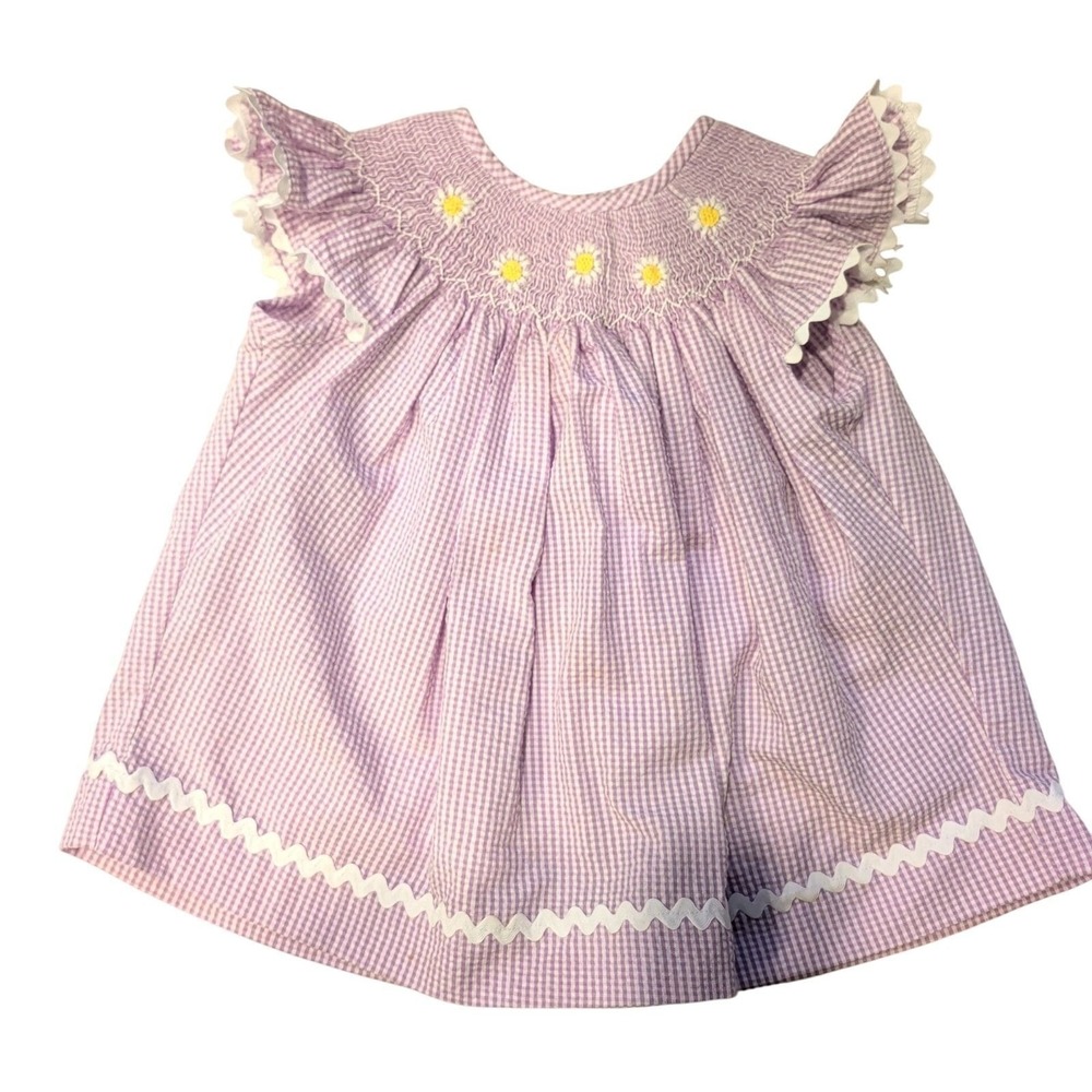 Stitchy Fish Girls Purple Gingham Smocked Daisy Bishop Dress Ric Rac Trim 4T